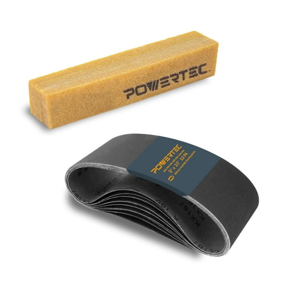 POWERTEC 3 x 21 Inch Silicon Carbide Sanding Belts with Abrasive Cleaning Stick, Belt Sander Sanding Belt Assortment 12PK, 2 Each Of 120/240/400/600/800/1000 Grits (46012)