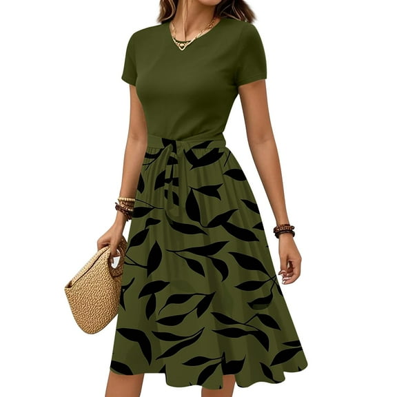 Belted Floral Dress Women's Casual Fashion Short Sleeve Round Neck Elegant Summer Sundress with Pockets,Army Green L