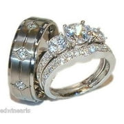his hers 3 stone cz wedding engagement ring set sterling silver titanium - Sterling Silver Wedding Ring Set his hers 3 stone cz wedding engagement ring set sterling silver titanium - Sterling Silver Wedding Ring Set