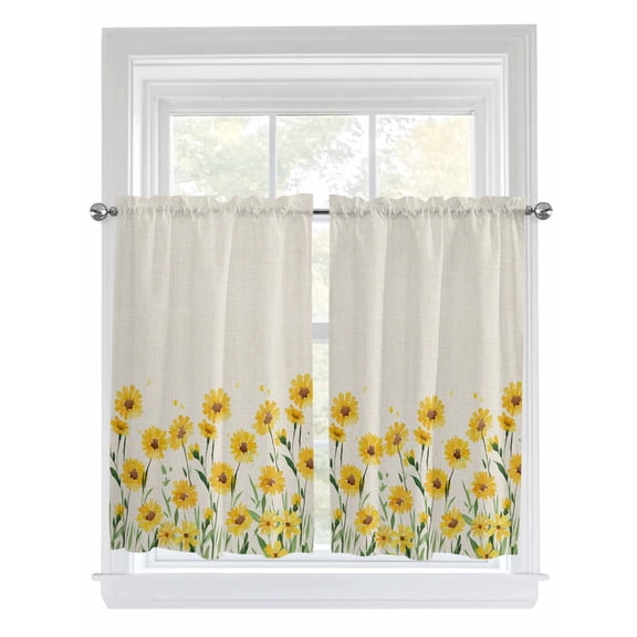 Yellow Spring Floral Bathroom Window Curtain, Pastoral Flowers Daisy Rustic Light Filtering Coffee Kitchen Curtains, Bedroom Living Room Curtains 2 Panel 84"x54"