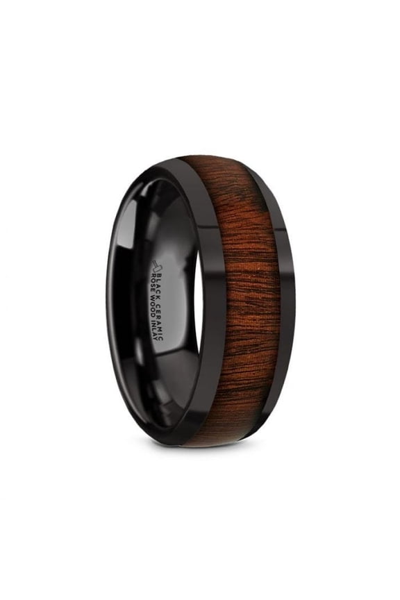 ROSAE Black Ceramic Domed Profile Polished Finish Men’s Wedding Band with Rose Wood Inlay - 8mm - Size 12