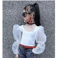 thumbnail image 2 of Franhais Baby Girls Puff Sleeve Cropped Tops, Solid Color Mesh Long Sleeves O-neck T-shirt for Spring, Summer, 2 of 9