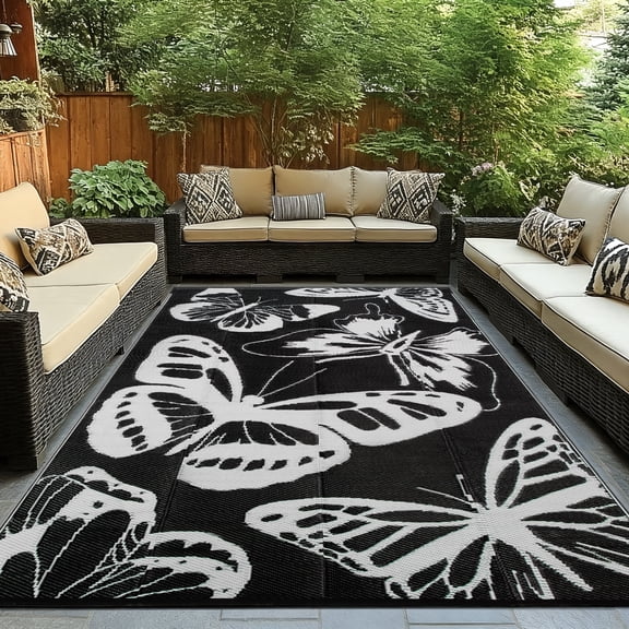 Kzaei Waterproof Outdoor Rug, 6'x9' Reversible Plastic Camping Area Rugs, Black & White