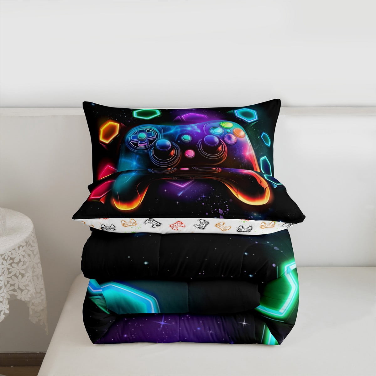 Gamepad Bedding Set Queen for Teens 3pcs Soft,Colorful Galxy Bedding Decor,Gamepad Reversible