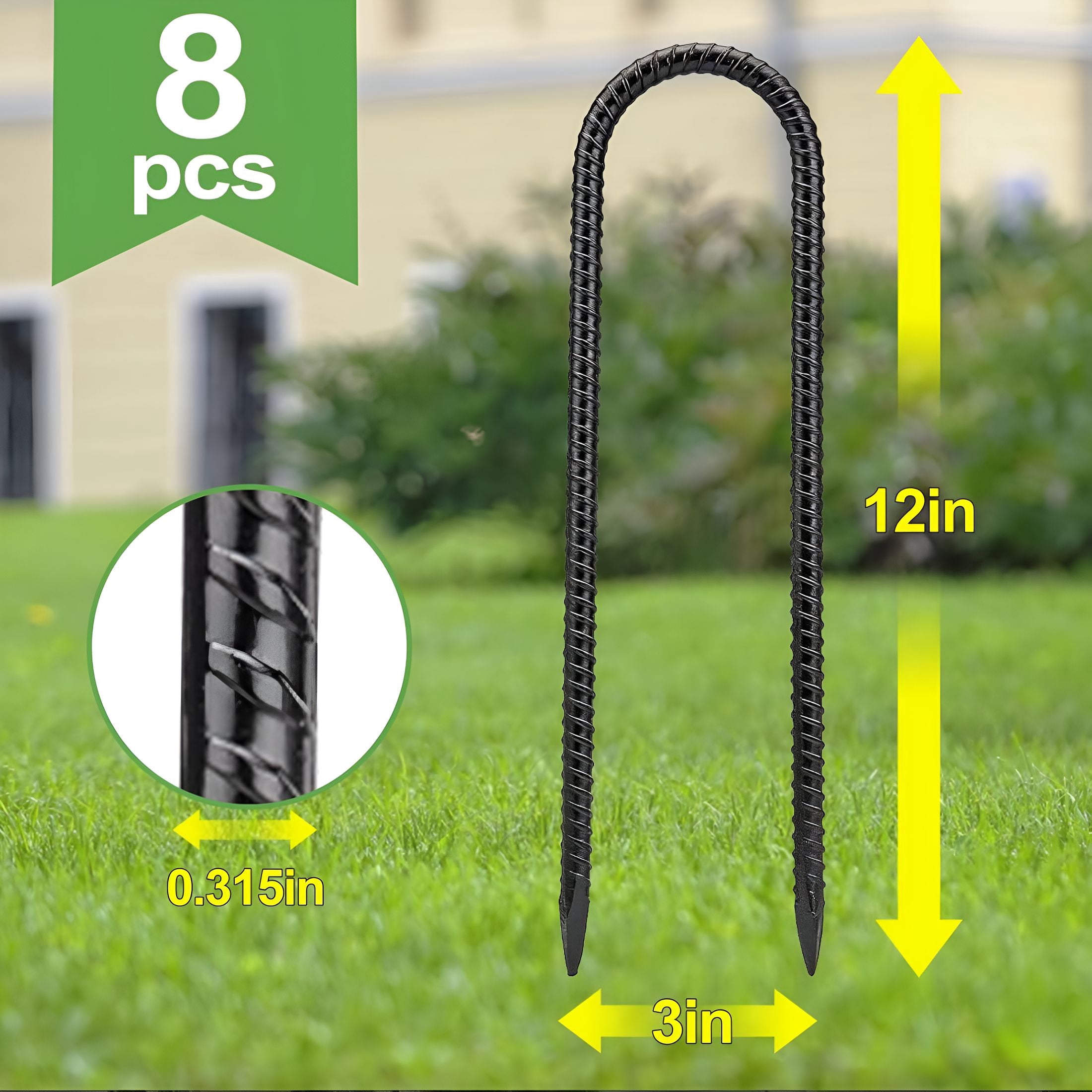 ZHZFKQ 12 Inch 8 Pack Trampoline Stakes Ground Stakes Heavy Duty Ground Anchors Rebar Stakes Garden Stakes U Hook Galvanized Steel Tent Stakes,For Camping Tents Soccer Goals,Black