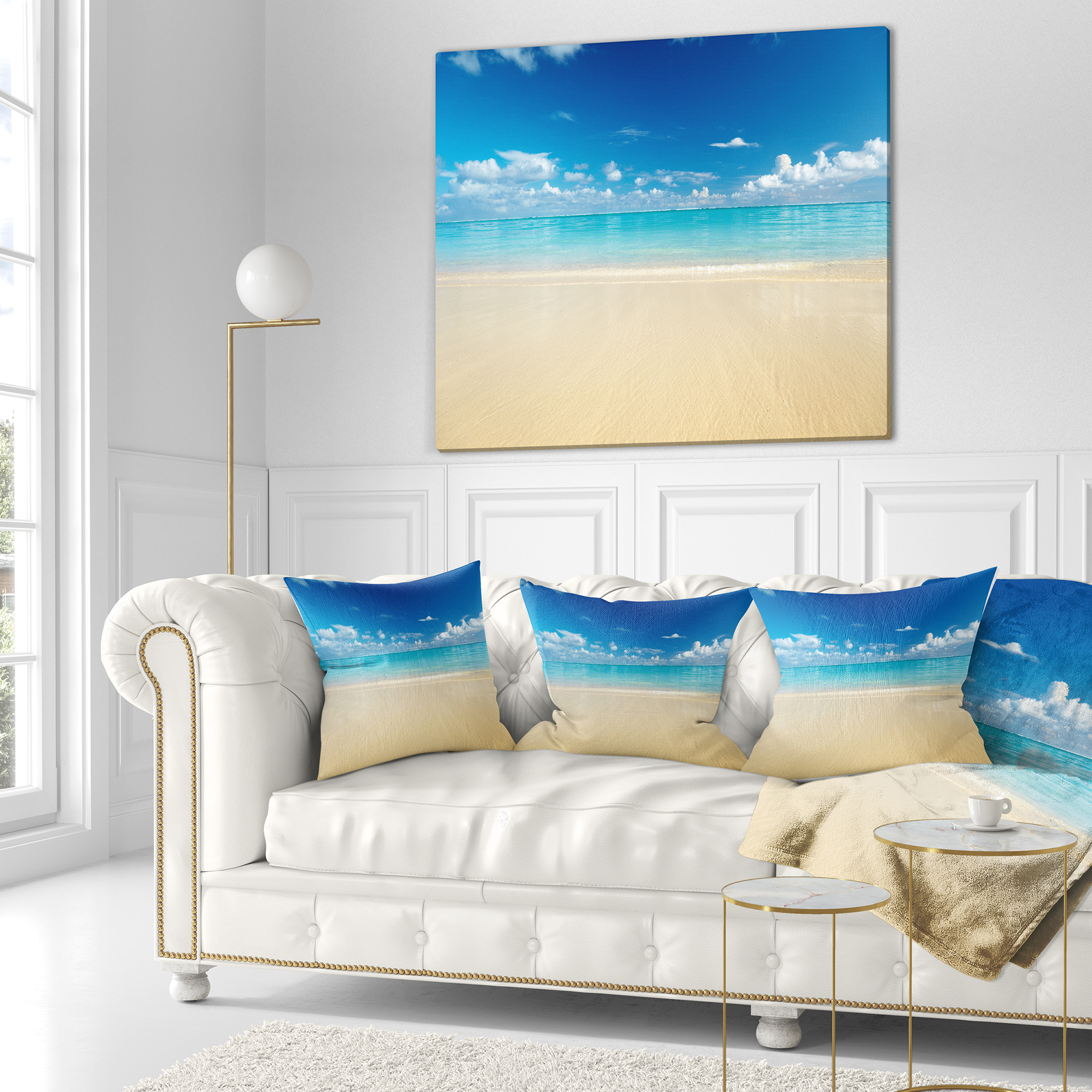 Designart Sand of Beach in Calm Caribbean Shore - Modern Seascape Throw Pillow - 18x18