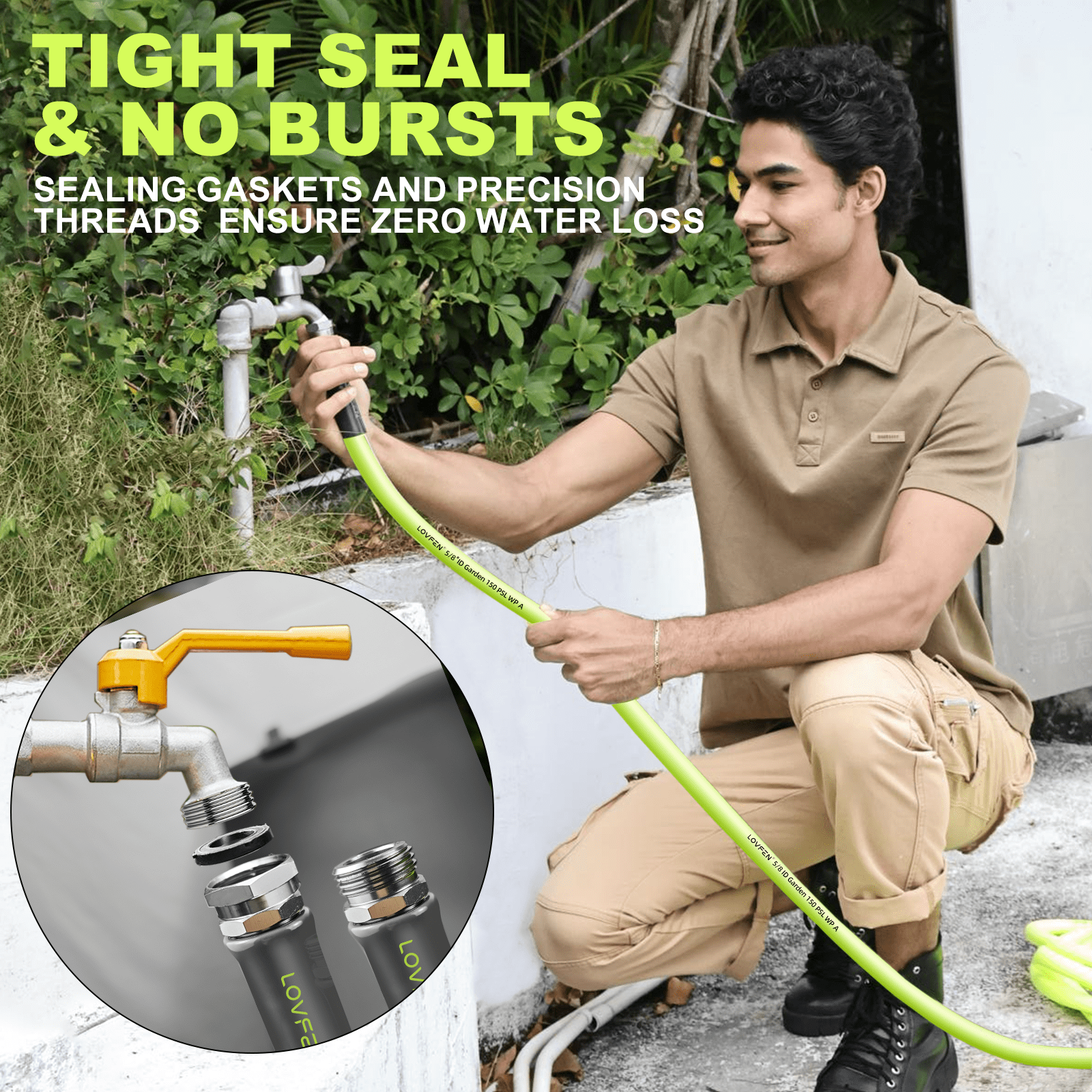LOVFEN Heavy Duty Garden Hose 5/8 inch with Swivel Fitting, Super Flexible Water Hose, All-weather, Lightweight, Burst 600 PSI 25/50/75/100/150FT