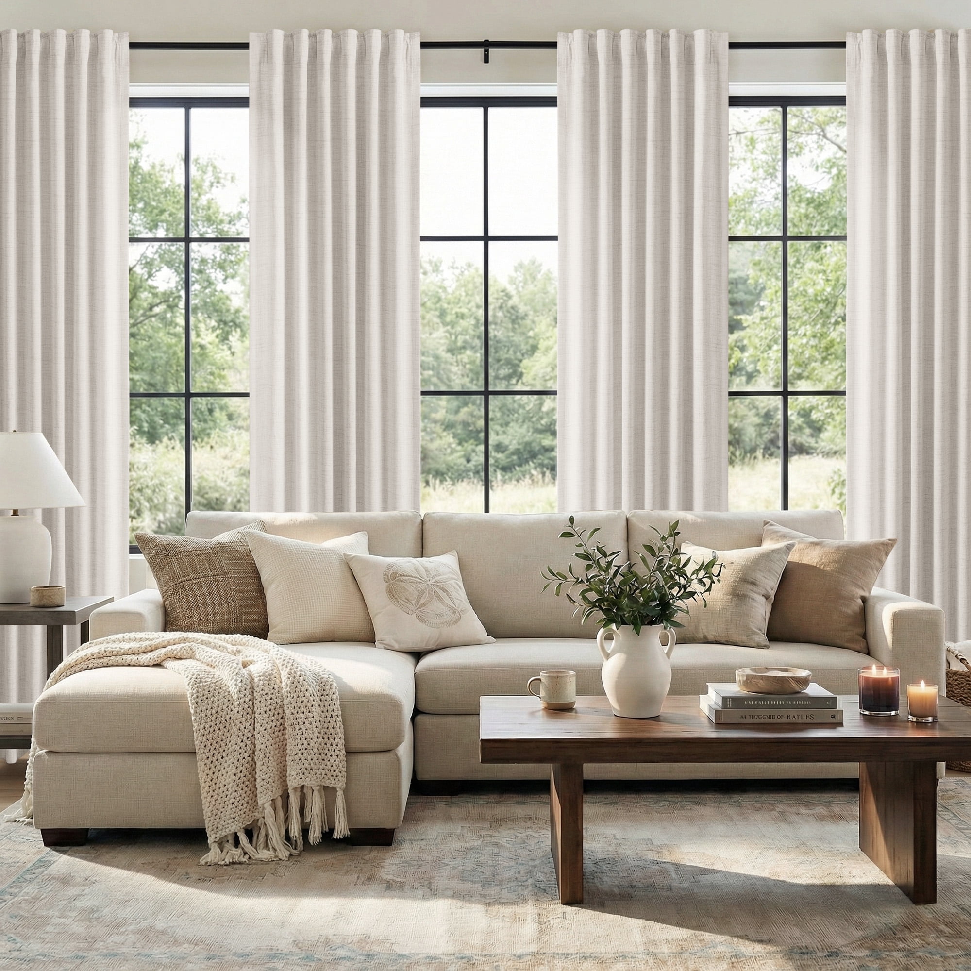 KoshiMe Faux Linen 100% Blackout Curtains for Living Room Bedroom,90 Inch Long Thermal Insulated Back Tab Window Curtains,Cream