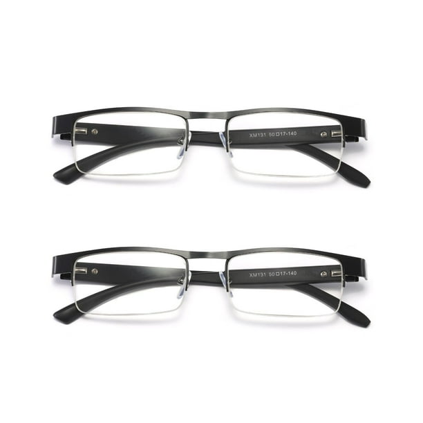 2 Pairs Mens Rectangular Metal Half Frame Reading Glasses Spring Hinge