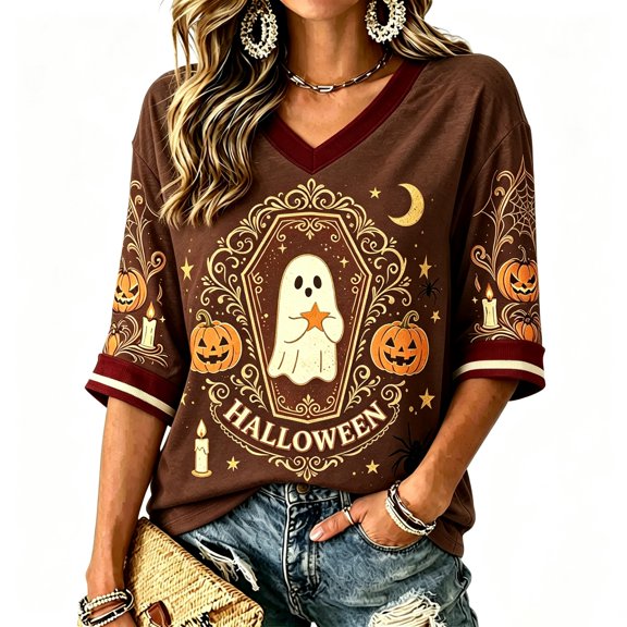 ZCNKMX Halloween Shirt for Women 3/4 Sleeve T-Shirt Novelty V-Neck Ghost Pumpkin "Ghost Coffin" Graphic Tee Casual Top for Party Costume Coffee M