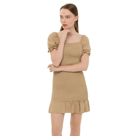 Ribbed Ruffled Square Neck Mini Dress with Balloon Sleeves