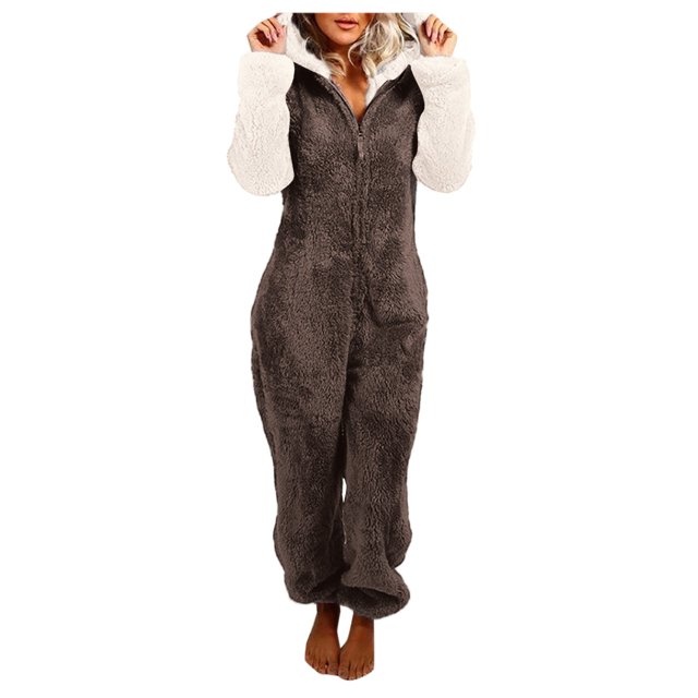 Pantalones de yoga Gibobby Pijamas de manga larga de lana artificial para mujer Casual Color Sólido Cremallera Suelta con capucha Mono Pijamas Casual Invierno Cálido Orejas li(Marrón, XXXXL)