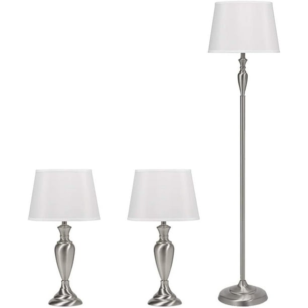 59 H Floor Lamp And 24 Table Lamps 3 Piece Metal Combo Set Brushed Steel Finish With White Linen Shades Com 59 H Floor Lamp And 24 Table Lamps 3, Combo Floor Lamp Set