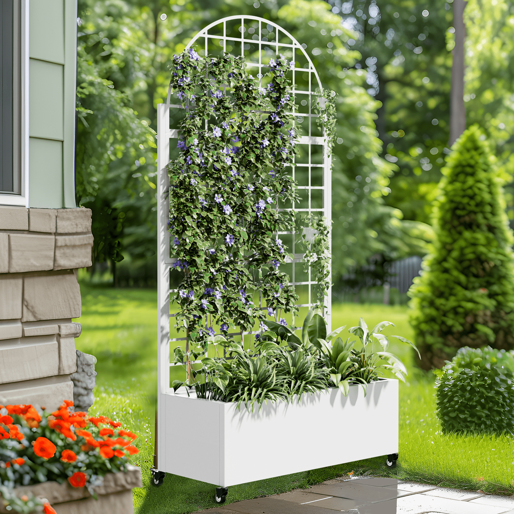 MAYEERTY 35*16*71"Outdoor White Metal Planter with Arch Climbing Trellis, Drainage hole & Wheels, Grid Pattern