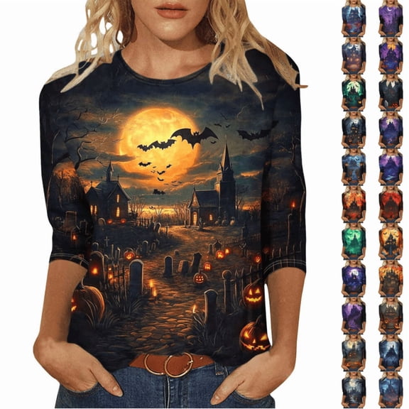 Yourumao Halloween Plus Size Tops for Women Spooky Season 3/4 Sleeve Top Crewneck Graphic Halloween Party Outfits
