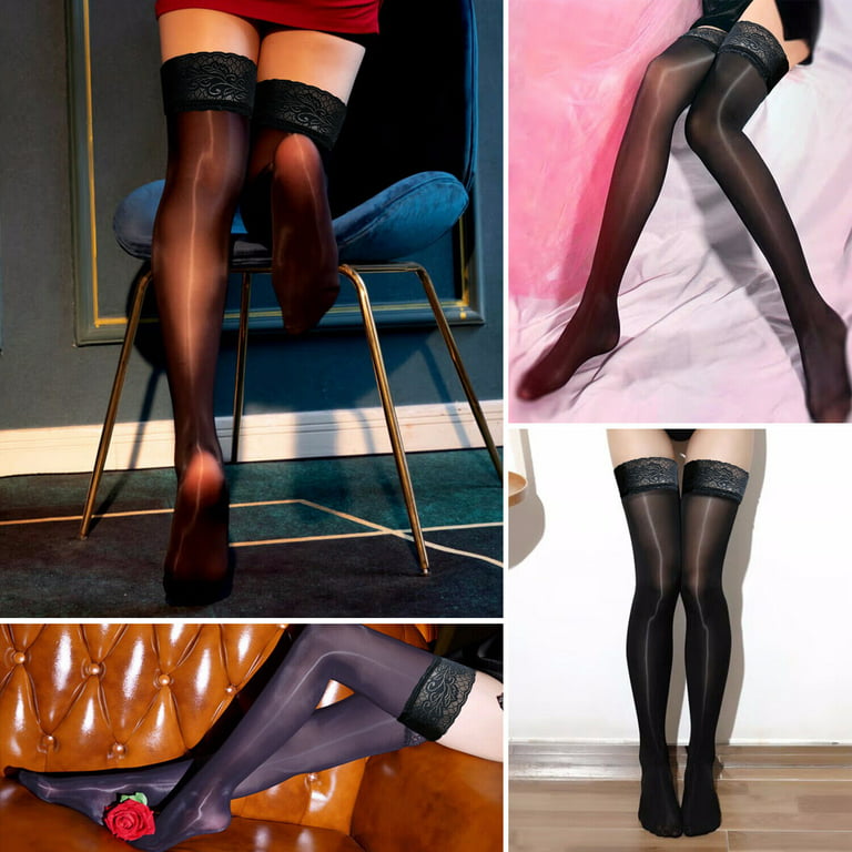 Womens Oil Shiny Glossy High Stockings Lace Silicone Stay Up Thigh-Highs  Hosiery