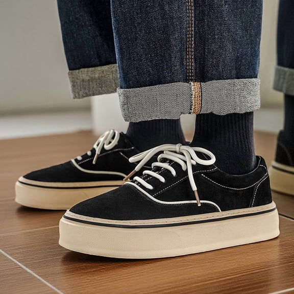 Men's Black Suede Platform Casual Sneakers Lace-up Vintage Skate Shoes Comfortable Thick Sole Walking Shoes for Daily Wear