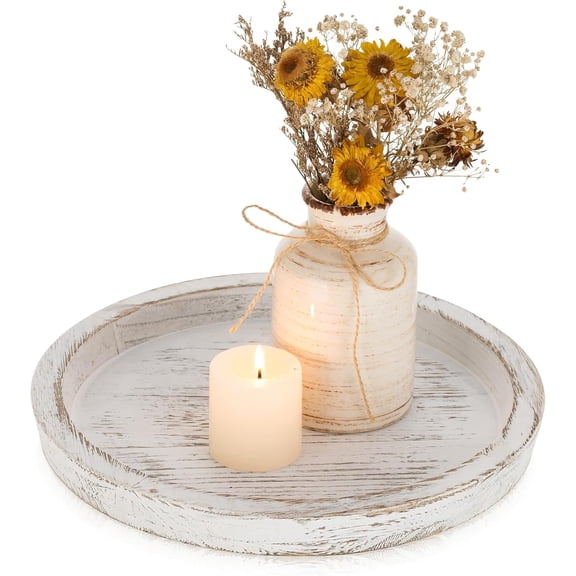 R Wooden Tray Candle Holder - Round Wood Decorative Pillar Candle Tray for Coffee Table Farmhouse Kitchen Countertop Organizer Home Decor Wedding Centerpiece, Distressed White