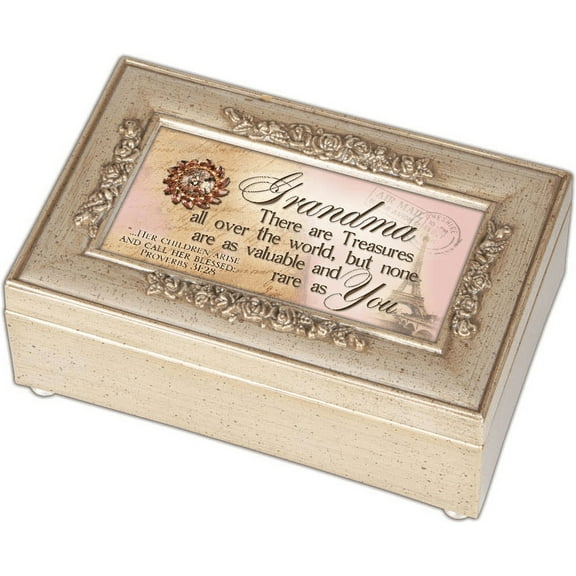 Cottage Garden Grandma Champagne Silver Petite Rose Music Box Jewelry Box Plays Amazing Grace