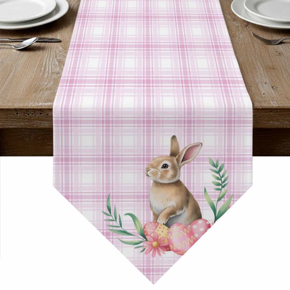 Pink Easter Table Runner Linen Burlap Table Runner 70 Inches Long Bunny Eggs Spring Floral Stripes Farmhouse Dresser Scarves for Kitchen Island Coffee Dining Party Wedding Holiday Decor 13"x70"