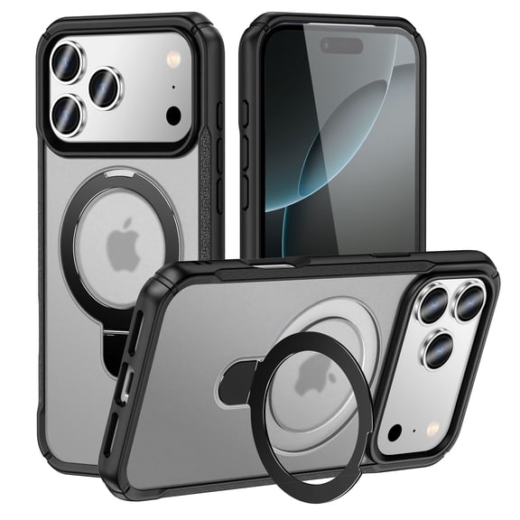ELEHOLD Phone Case For iPhone 17 Pro Slim Magnetic Shockproof Rugged Cover Shockproof Slim Adjustable Ring Stand Case, Compatible With Mag-Safe Accessories , Black Clear