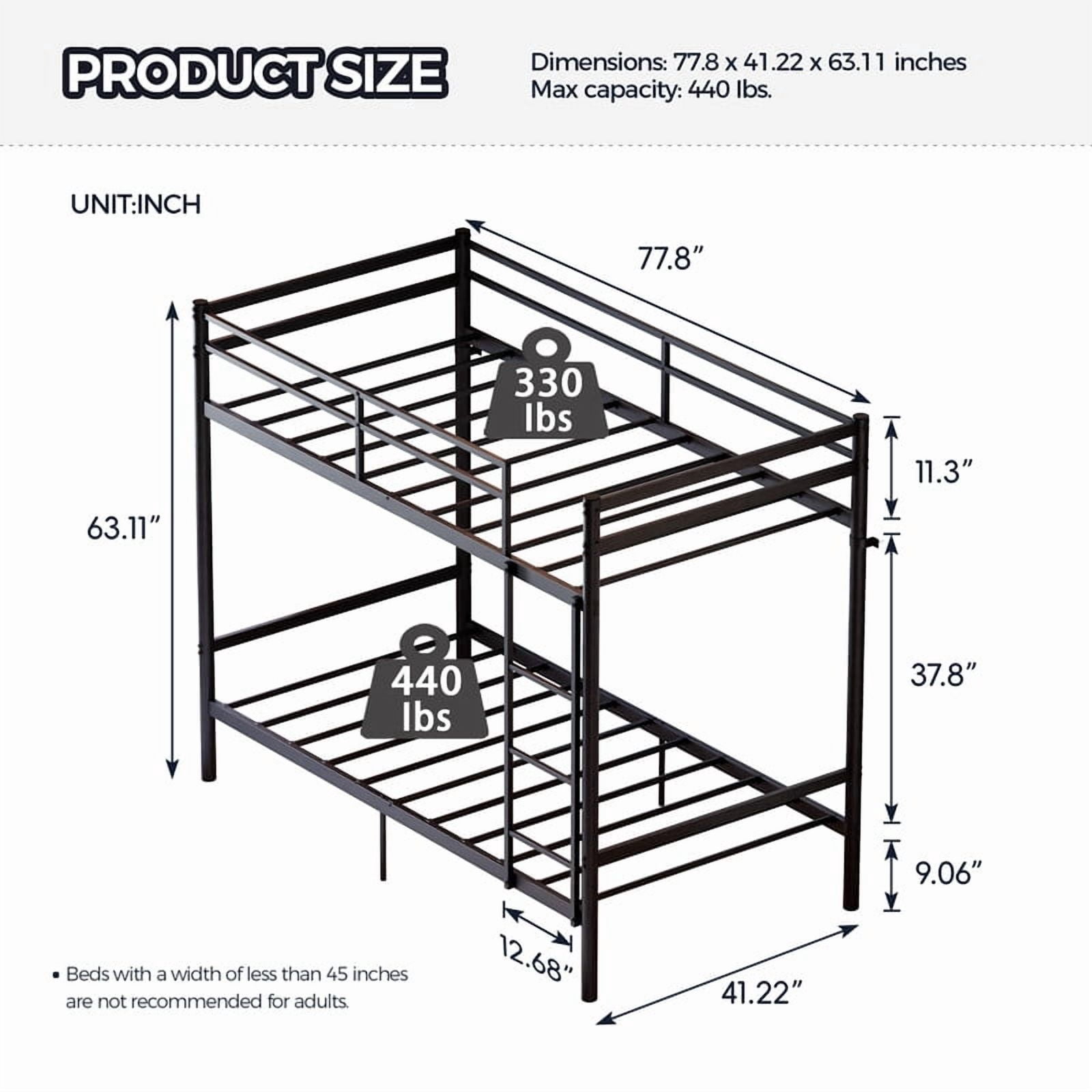 avobird Metal bunk bed (Twin size), suitable for children/teenagers/adults, 11.3-inch high guardrails, 11 crossbars, 770 lbs, storage space under the bed, black.