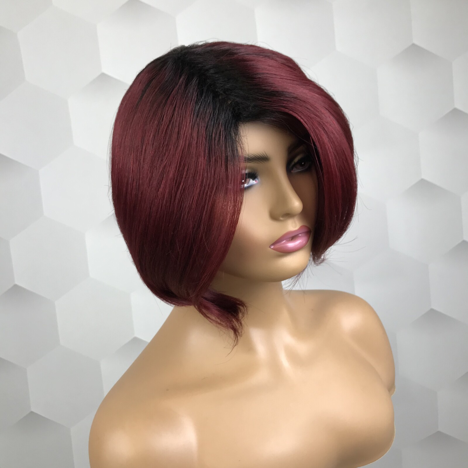 Ombre Butgundy Red Color Short Bob 100% Human Hair Full Machine Made Wig Easy To Put On And Take Off Sport Side Part Pixie Cut Natural Black 99j Remy Brazilian Human Hair No Lace Wig For Women