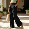 thumbnail image 2 of Women Pants Dqueduo Women's Casual Solid Color Pleated Elastic Waist Pocketed Linen-Look Straight Leg Pants, 8 Colors Black M, 2 of 9