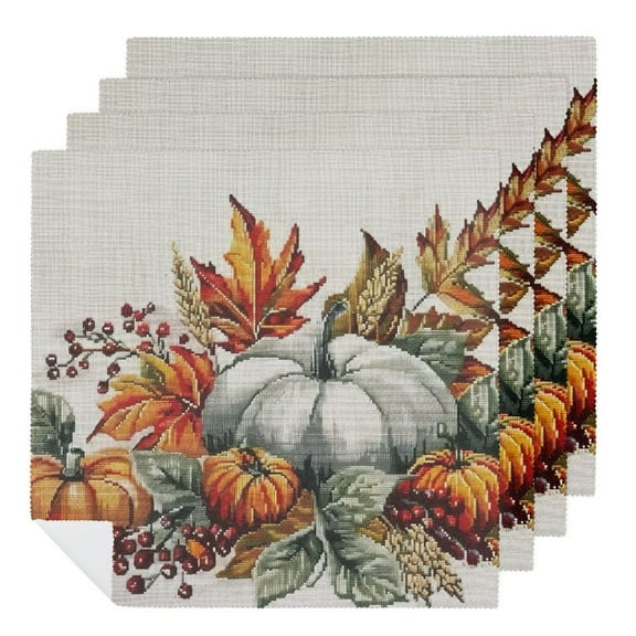 JRXY Pumpkin Autumn Leaves Berries Cloth Napkin Reusable for Thanksgiving Gift 2 PCS