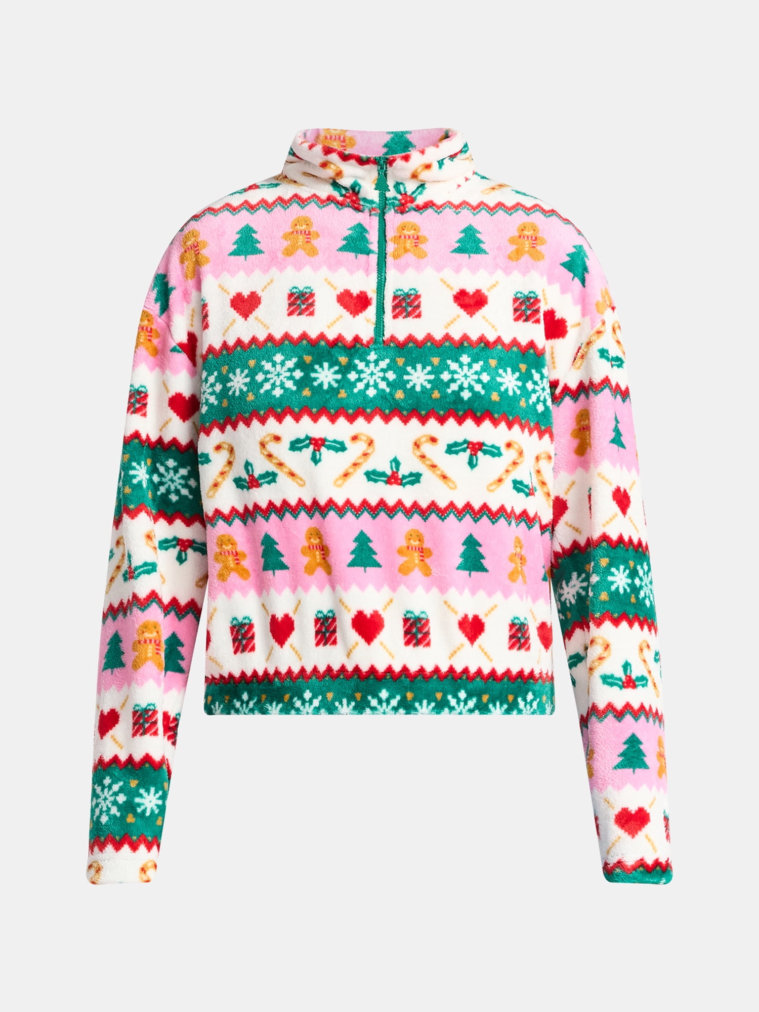 No Boundaries Christmas Quarter Zip Mock Neck Plush Top with Long Sleeves, Women's