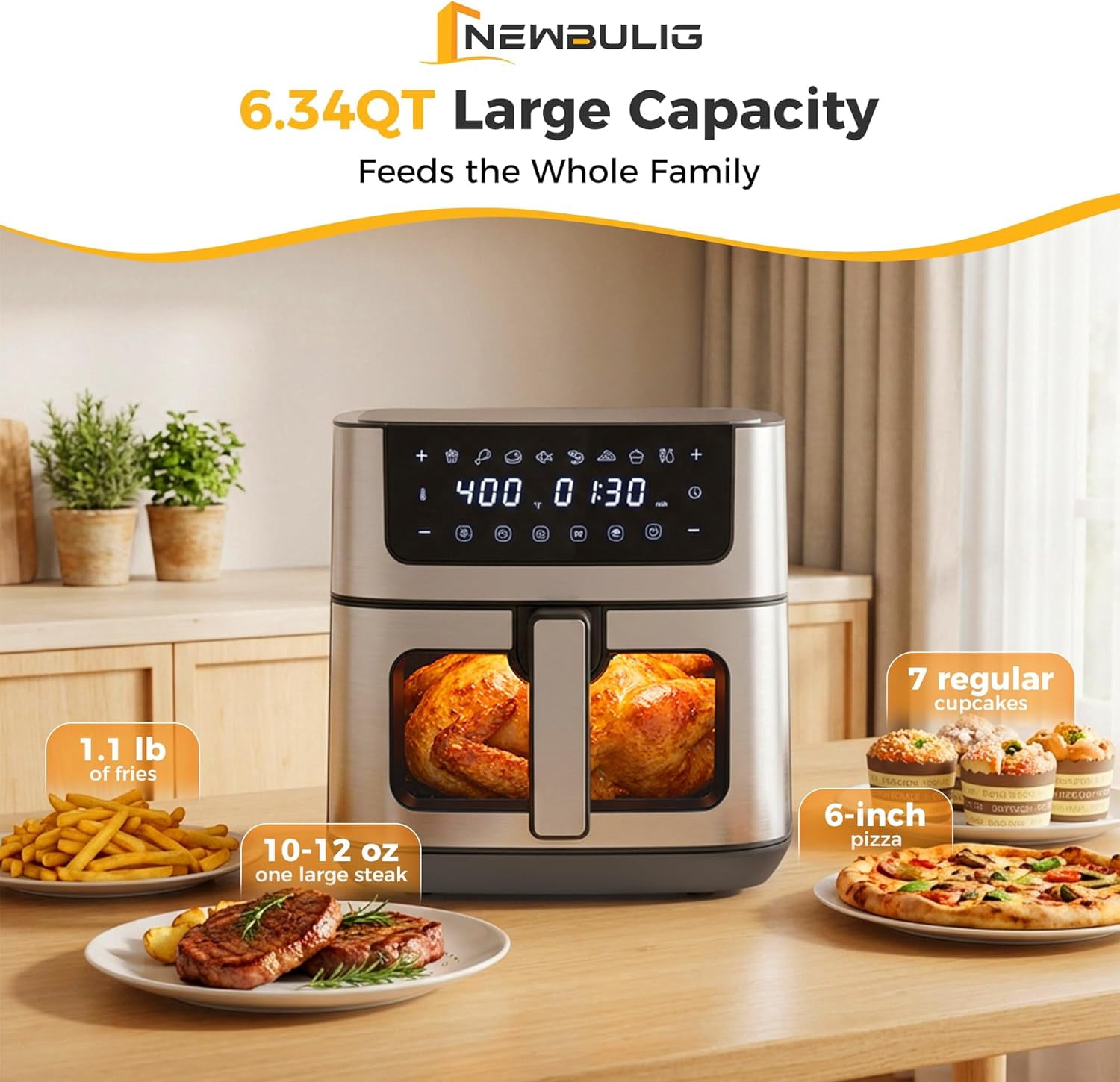 Air Fryer 6.34QT, Airfryer with Visible Window, 400 ℉ Fast Heating Air Fryers Oven with Nonstick and Dishwasher-Safe Basket, 8-in-1 Cooking Preset, Timer，Auto-Off, Stainless Steel, White