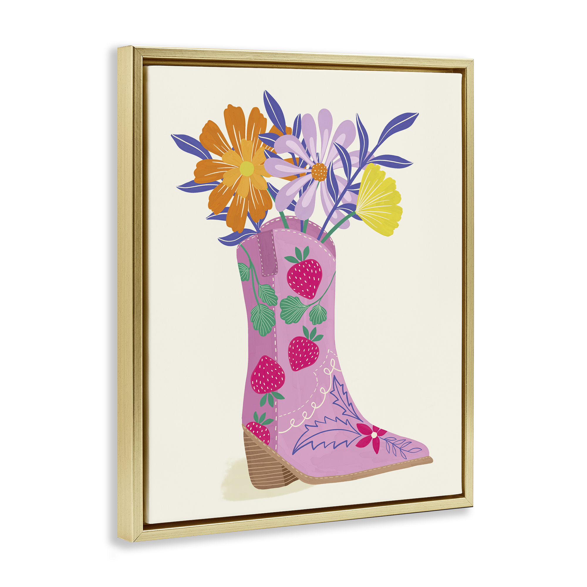 Stupell Industries Strawberry Patterned Floral Boots Plants & Flowers Painting Gold Floater Framed Canvas Art Print Wall Art, 17 x 21