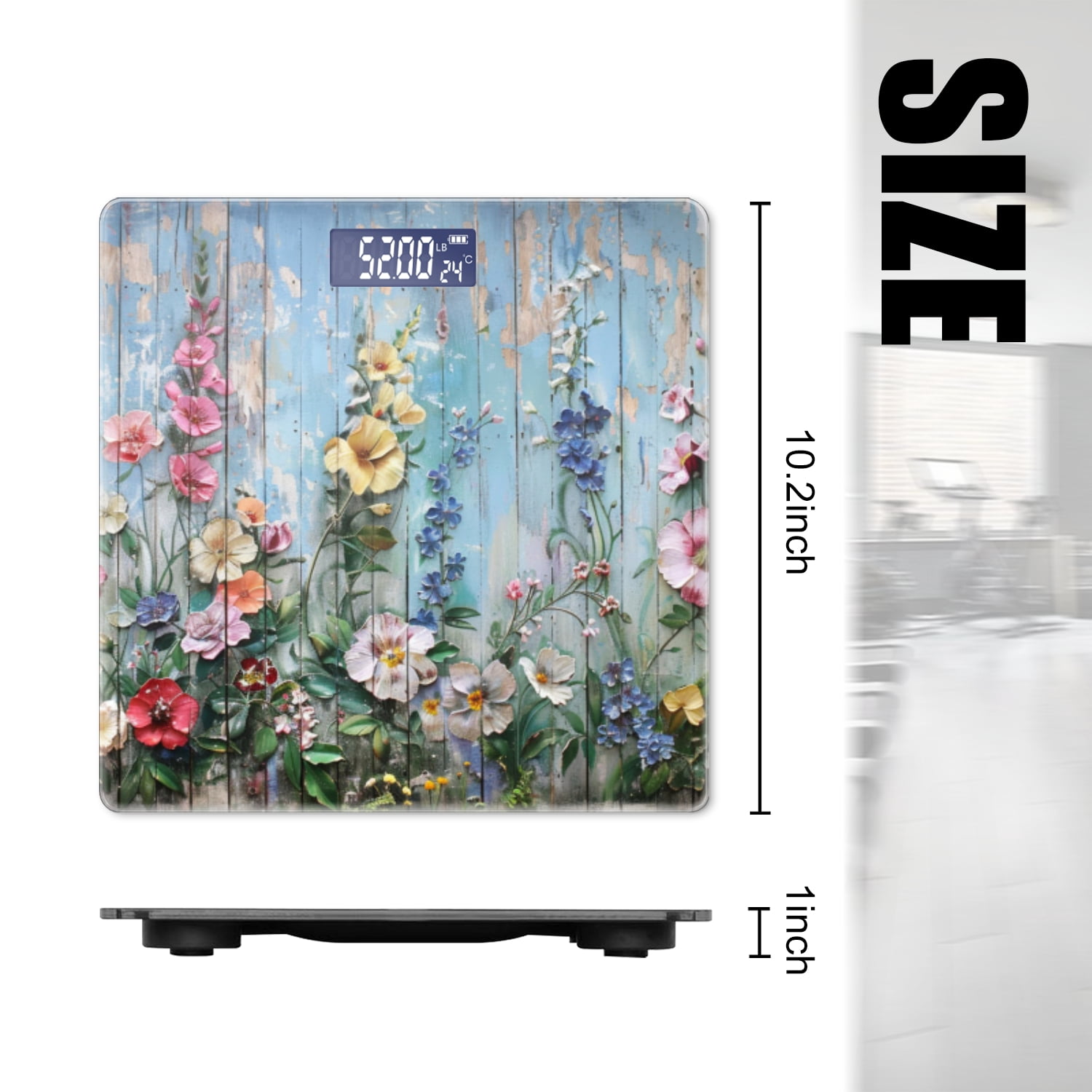 Bathroom Scale, Highly Accurate Digital Body Scale,Precisely Measures Weight up to 400 lbs-Detailed And Vibrant Floral Garden Painting On Aged Wooden Fence