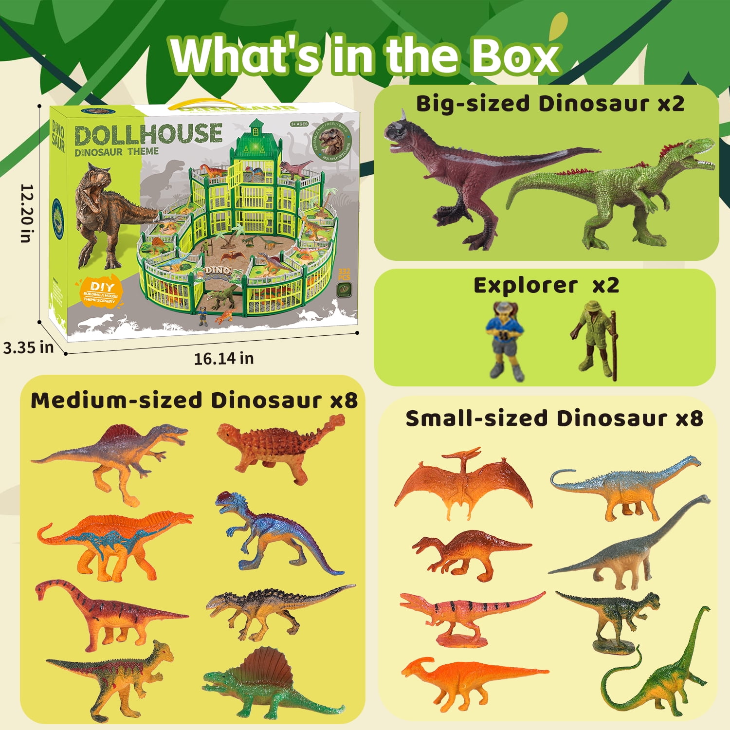 LINXUXIE 332PCS Dinosaur House Play Set with LED Light & Sound, Dinosaur Theme Park with 18 Realistic Dinos & Large Battle Cage, Dinosaur Toy for 1-3 3-5 5-8 Year Old
