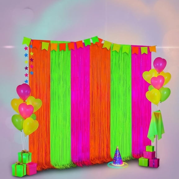 Glow in The Dark Party Curtains Streamers, Neon Decorations Fluorescent Macaron Colorful Tinsel Foil Fringe Curtains, Photo Booth Prop Backdrop Streamers, Birthday Halloween Party Decor