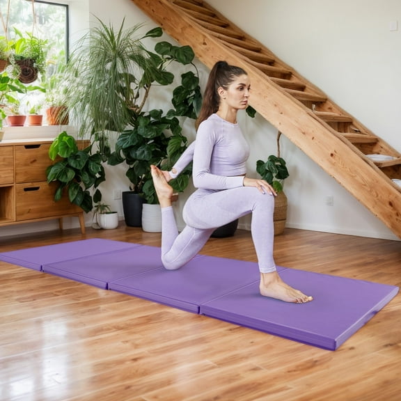 Resenkos Gymnastics Mat, Exercise Tumbling Mat,4-Panel PU Leather Folding Exercise Mat with Carrying Handles-Purple