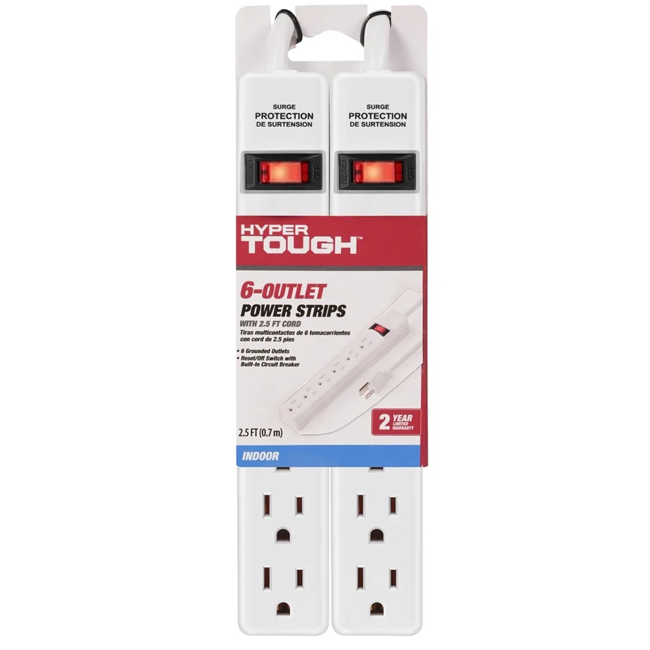 Hyper Tough Indoor Surge Protector 6-Outlet 2.5ft 500J Cord 15A