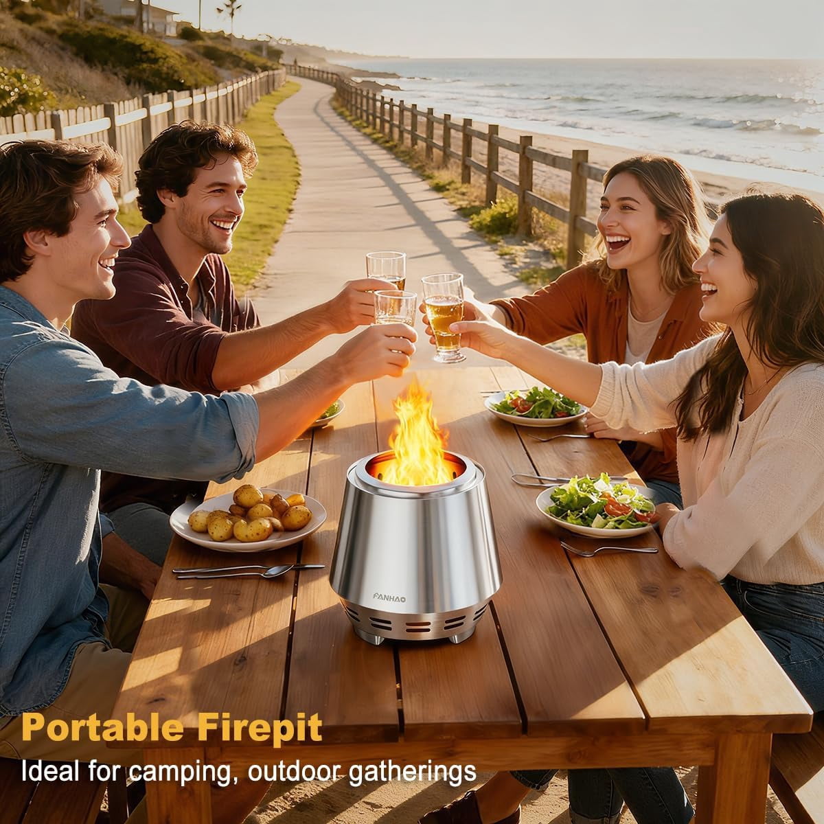 FANHAO Smokeless Fire Pit 21'' for Camping, Stainless Steel Firepit with Stand, Wood Burning or Pellet Fueled