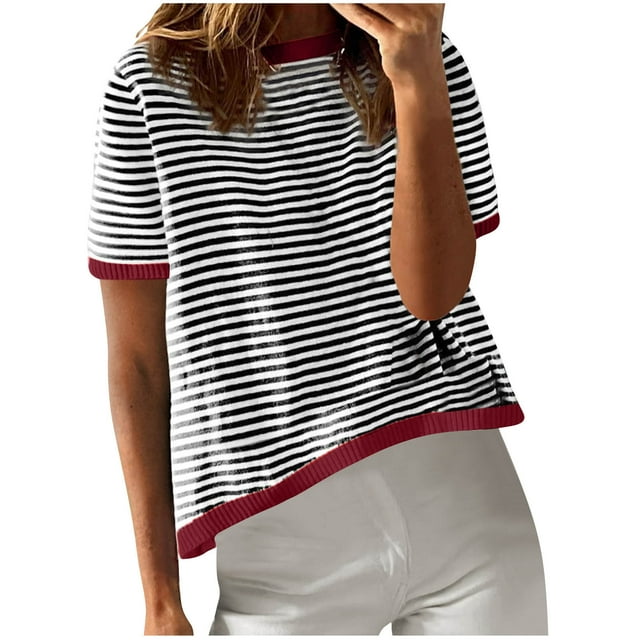 FAIWAD Hauts d'Été pour Femmes, Chemise à Rayures Surdimensionnée, Col Rond, Manches Courtes, Pull Tendance