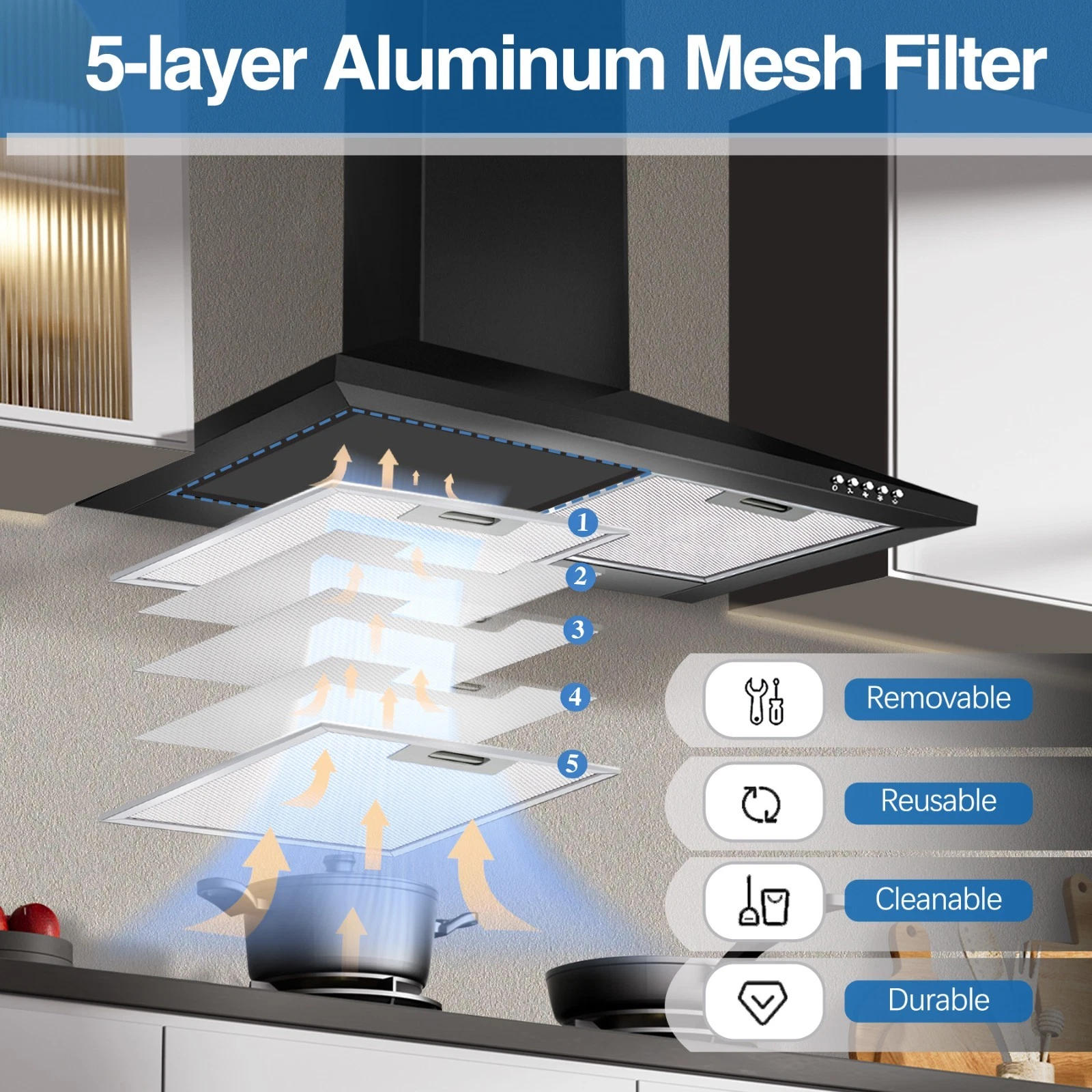 Range Hood 24 inch Range Hood Stainless Steel Oven Vent Hood,Wall Mount Kitchen Hood,Ducted/Ductless Chimney-Style Kitchen Exhaust Hood with Push Button Control,Stove Vent Hood with 3-speed Fan