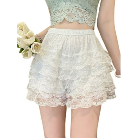 Awevudst Womens Layered Ruffle Shorts Casual Elastic Waist Lace Bloomers