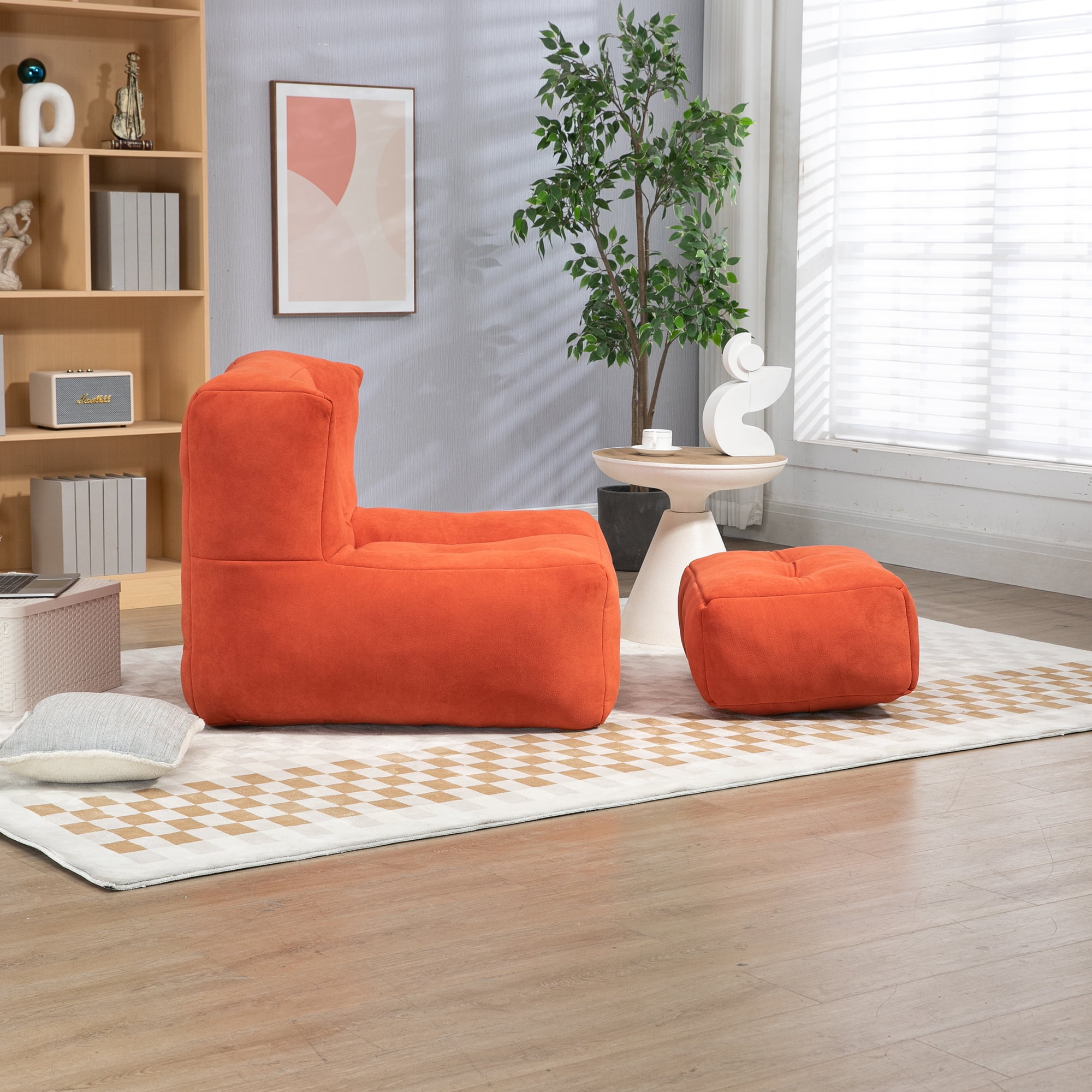 Accent Chair with Ottoman Set,Modern Velvet Bean Bag Chair for Adults and Childs,Upholstered Lazy Sofa Chair Armchair for Living room, Bedroom, Apartment,Red