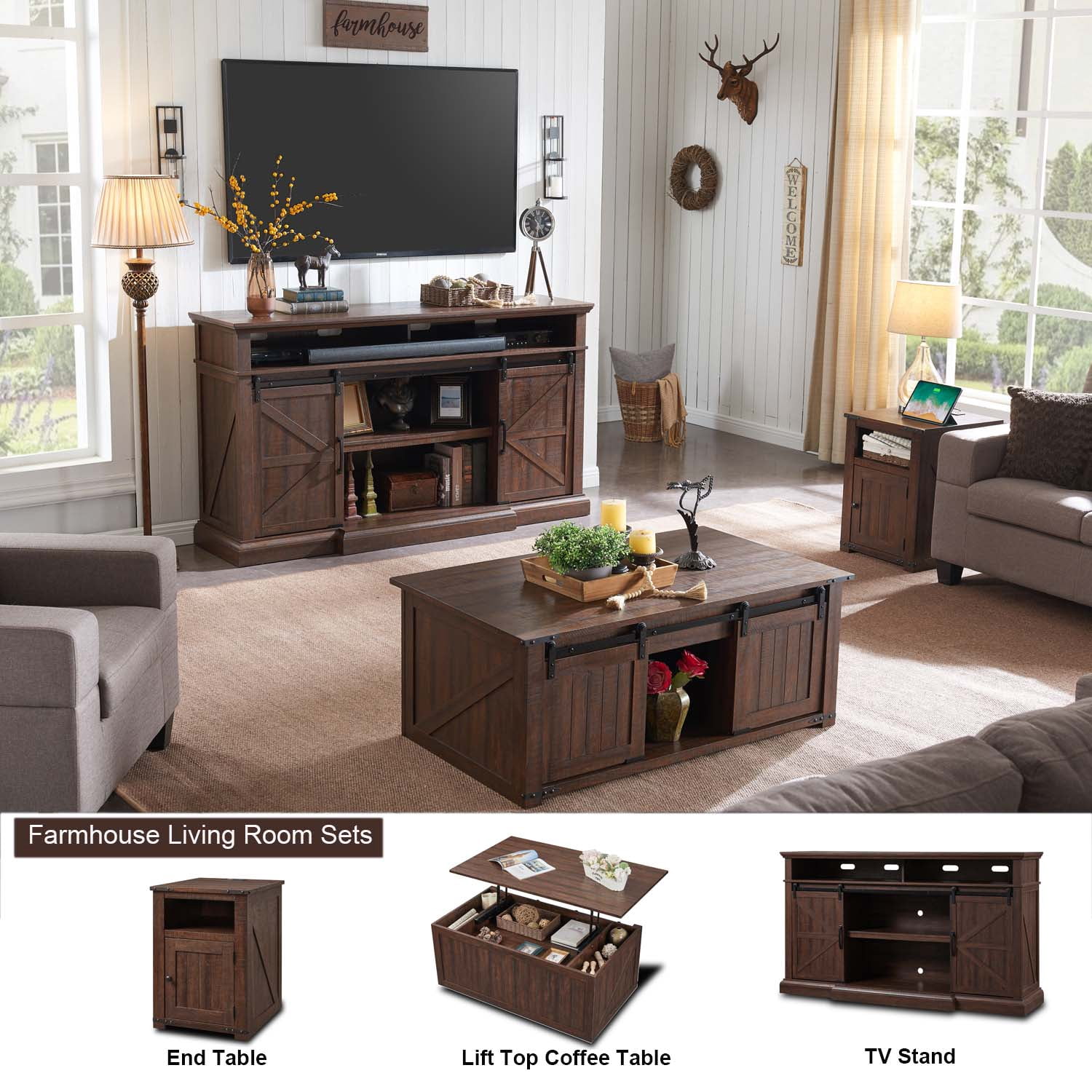 SinCiDo TV Stand for 75 inches TV, Farmhouse TV stand with 37" Tall Entertainment Center for Living Room