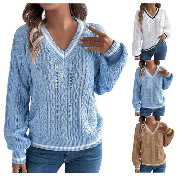 VEKDONE Cable Knit V Neck Sweater for Women Fall Winter Lantern Long Sleeve Warm Jumper Sweaters Solid Color Loose Fit Pullover Tops
