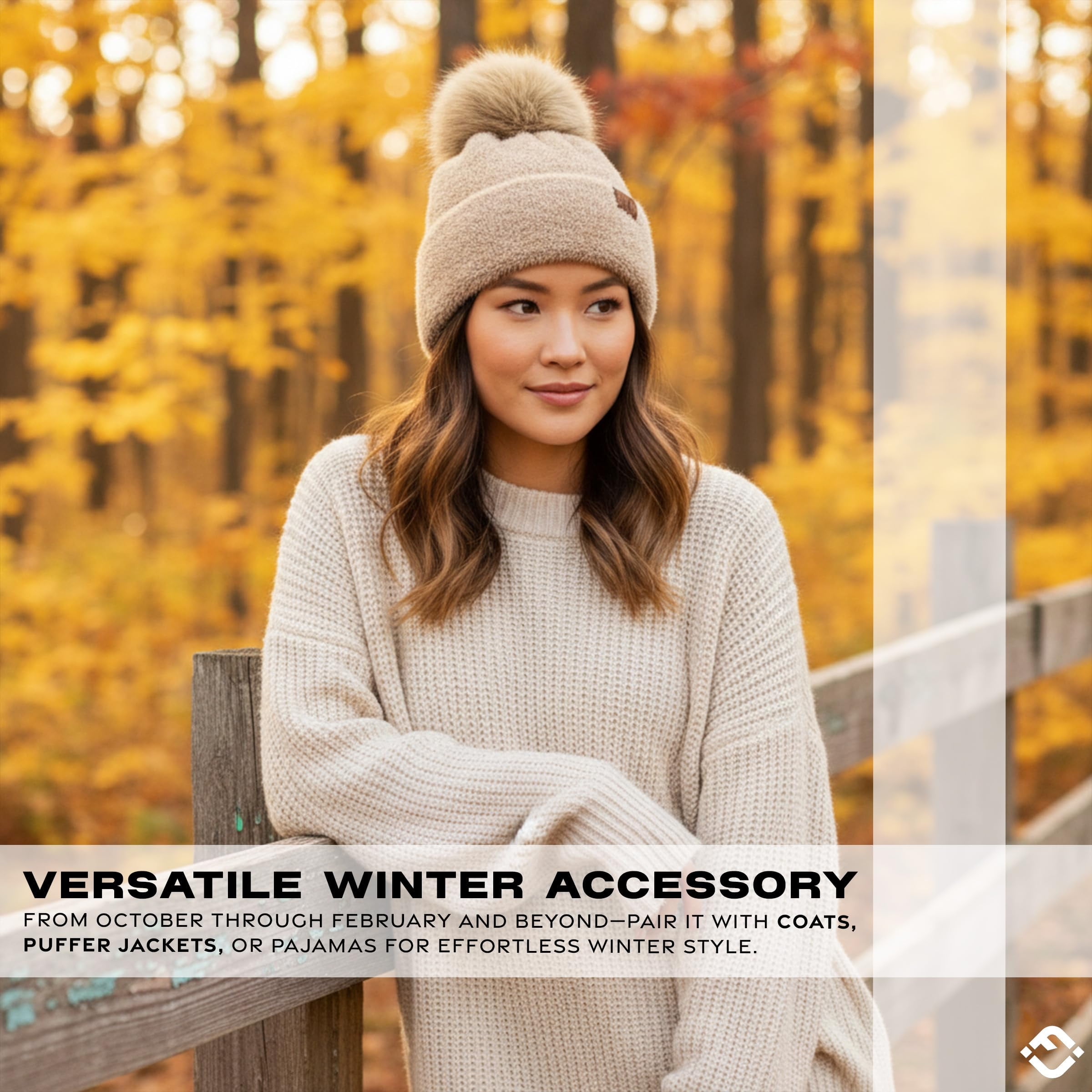 Funky Junque Beanie for Women Ultra Soft Chenille Faux Fur Pom Pom Winter Hats Warm Ski Cap Fashion - Beige