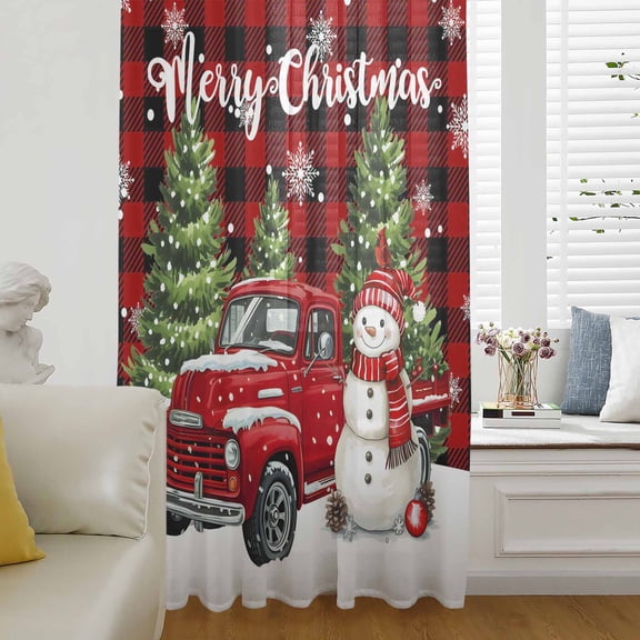 Christmas Snowman Truck Semi Sheer Curtains Drapes for Living Room,Bedroom,French Doors Window 54 Inches Long,Red Plaid Xmas Trees Snowflake Rod Pocket Chiffon Curtain Drapery Voile Draperies Panel