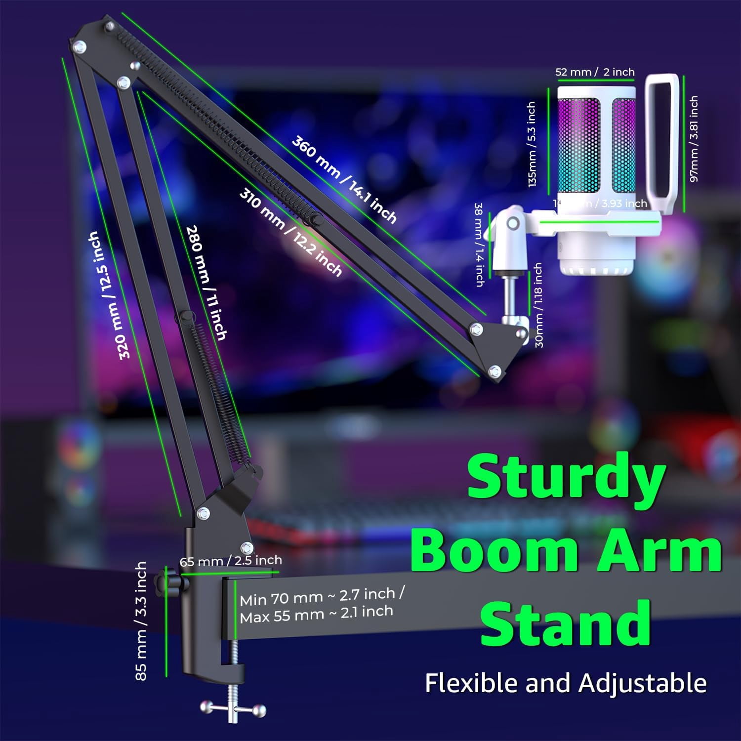 IXTECH Gaming Microphone for PC with Boom Arm, Podcast Condenser Mic with Pop Filter, Quick Mute Button, Gain Knob, Mic Arm and Computer Mic with Gain Control for Streaming Podcasting Recording