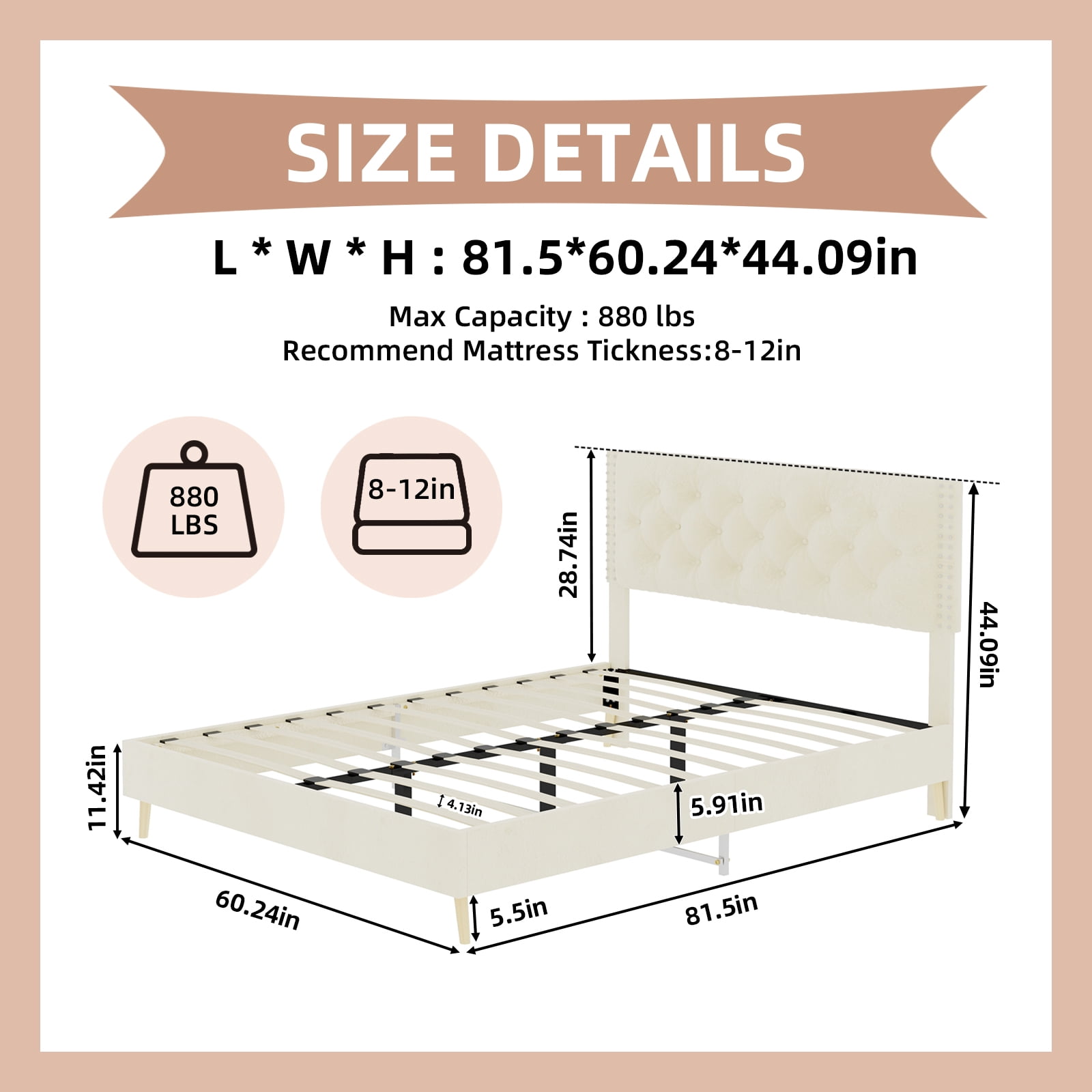 Alvantor Queen Size Upholstered Bed Frame with Padded Headboard, Holland Velvet Tufted Beige
