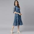 thumbnail image 5 of Janasya Summer Boho 3/4th Sleeve Floral Blue Poly Georgette Flared Midi Dress For Women, 5 of 7