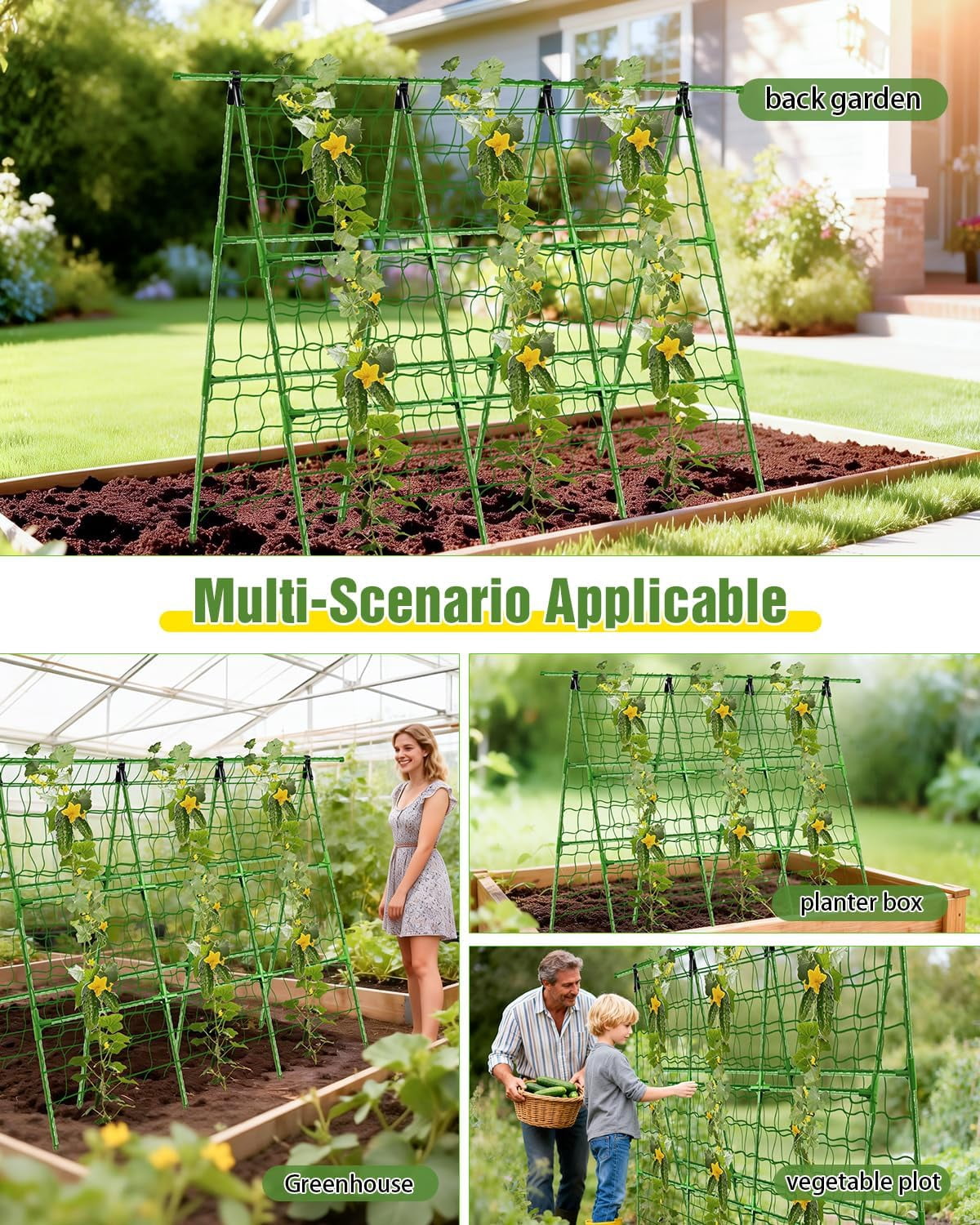 A-Frame Cucumber Trellis for Raised Beds, 47" Hx 57" L Adjustable Size, Garden Trellis for Climbing Plant Outdoors with Climbing Net and Plant Support Clip for Vegetable Vine Pea Bean Tomato